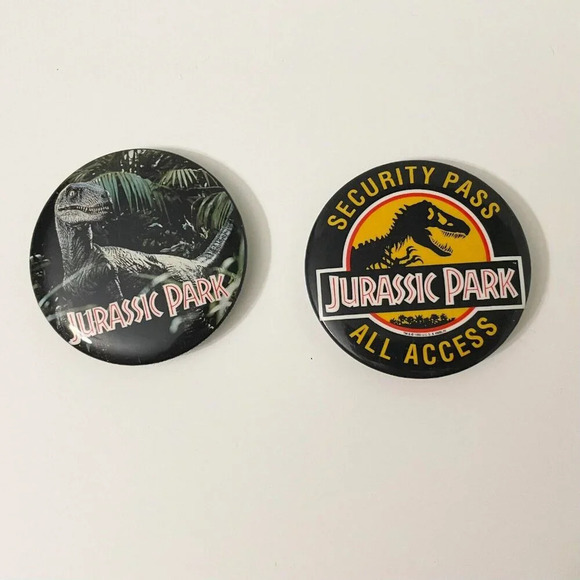 Vintage 1992 Lot of 2  Jurassic Park Buttons Security Pass All Ages Pinback Pin - Picture 1 of 16
